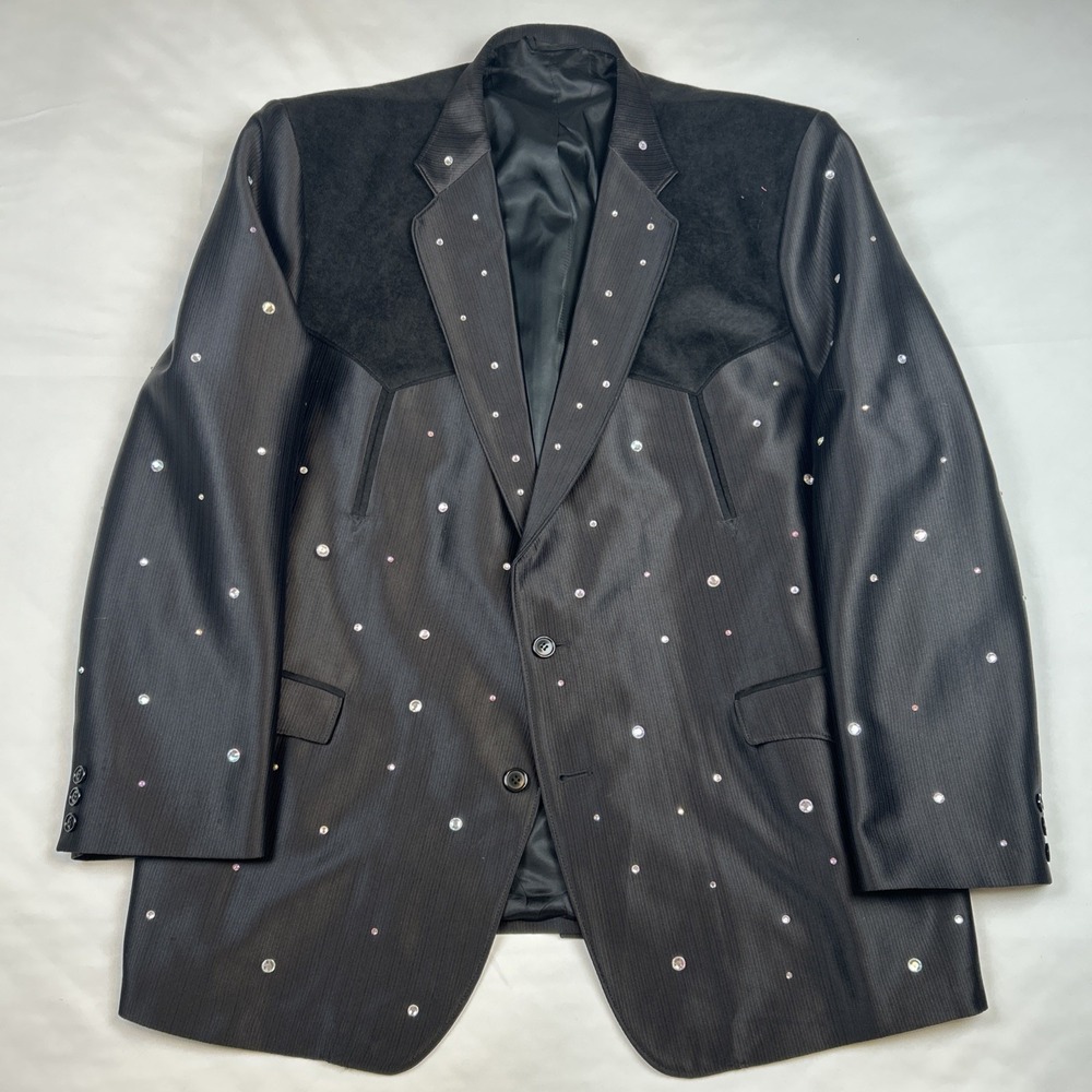 Circle S Western Jacket Blazer Men's 54L Black Yokes Rhinestones Tux Jacket